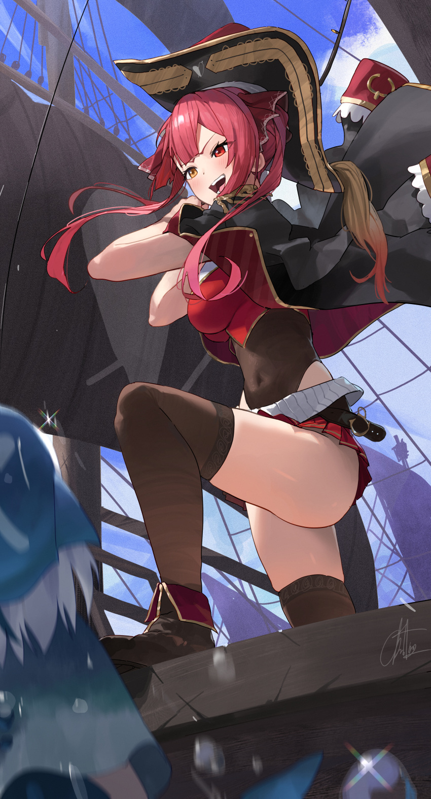 1girl :d absurdres ankle_boots arrow_through_heart black_footwear black_headwear black_jacket black_leotard blush boots breasts brown_thighhighs chanism! covered_navel crop_top day epaulettes hat heterochromia highres hololive houshou_marine jacket jacket_on_shoulders large_breasts leotard leotard_under_clothes long_hair miniskirt open_mouth orange_eyes outdoors pirate_hat pleated_skirt red_eyes red_hair red_skirt ship skirt smile solo thighhighs thighs twintails v-shaped_eyebrows watercraft