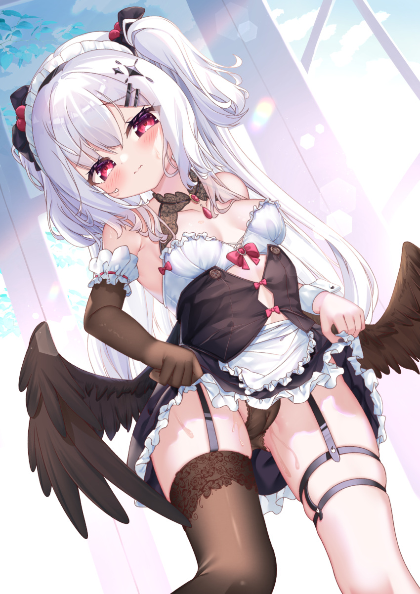 ass_visible_through_thighs black_gloves black_panties black_shirt black_skirt black_thighhighs black_wings blush bra breasts cameltoe clothes_lift elbow_gloves feathered_wings garter_straps gloves hair_bobbles hair_ornament hairclip highres hiyada_yuu lifted_by_self long_hair looking_at_viewer low_wings maid_headdress original panties pussy_juice red_eyes ribbon shirt single_glove single_thighhigh skirt skirt_lift thigh_strap thighhighs thighs two_side_up underwear white_bra white_hair wings