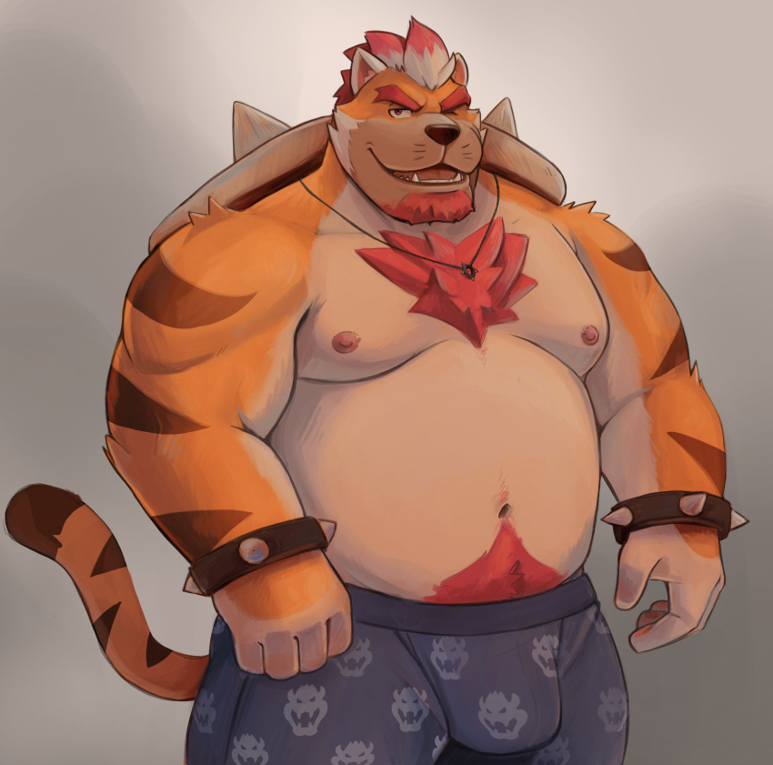 2023 absurd_res anthro belly biceps big_belly body_hair bowser_logo boxer_briefs bracelet bulge chest_hair clothed clothing facial_hair felid feline goatee grey_background hi_res jewelry koopa looking_at_viewer male mammal manly mario_bros mature_male meowser moobs musclegut muscular muscular_arms navel necklace nintendo nipples one_eye_closed open_mouth pubes scalie simple_background slightly_chubby solo spiked_bracelet spikes standing topless triceps underwear underwear_only wink zcdartz