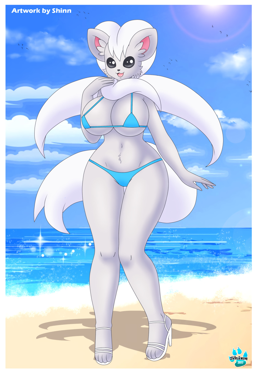 5_fingers absurd_res anthro beach big_breasts bikini breasts cinccino clothing detailed_background female fingers footwear fur generation_5_pokemon grey_body grey_eyes grey_fur hi_res high_heeled_sandals high_heels multicolored_body multicolored_fur navel nintendo open_mouth pokemon pokemon_(species) sandals seaside shinn signature solo standing swimwear two_tone_body two_tone_fur white_body white_fur wide_hips