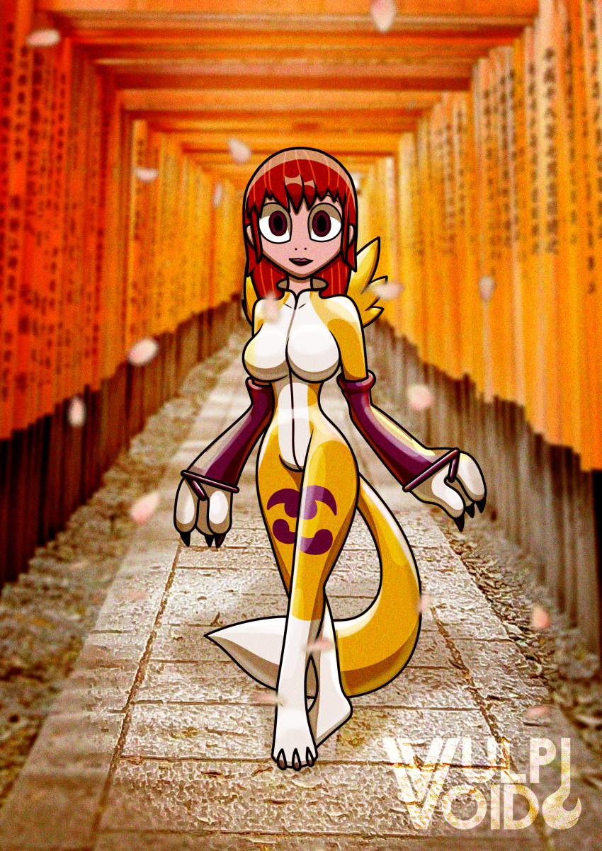 absurd_res aged_up bandai_namco clothing digimon digimon_(species) hi_res latex photo_shoot renamon rika_nonaka rubber shrine suit temple unmasked vulpivoid