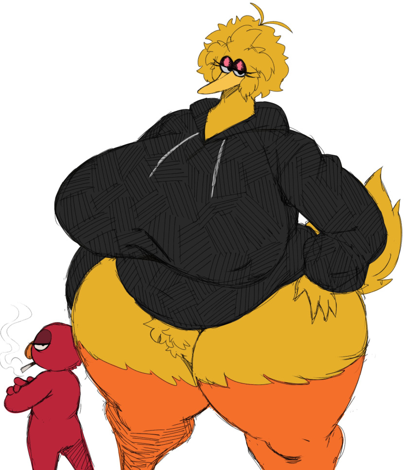 absurd_res anthro avian beak big_bird big_breasts bird blonde_hair bottomless breasts cigarette clothed clothing crossed_arms crossgender duo elmo female hair hi_res hoodie huge_breasts huge_hips huge_thighs humanoid larger_female looking_at_viewer looking_back male mtf_crossgender muppets narrowed_eyes non-mammal_breasts red_body sesame_street size_difference smaller_male smoking sssonic2 thick_thighs topwear wide_hips yellow_body