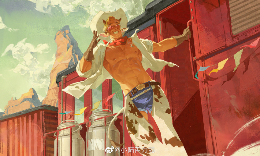 1boy abs absurdres animal_ears animal_print bara bare_pectorals blonde_hair bulge chest_hair cow_boy cow_ears cow_horns cow_print cowboy_hat cowboy_western crotchless crotchless_pants dark-skinned_male dark_skin denim denim_shorts feet_out_of_frame gloves grin ground_vehicle hat highres horns jeans large_pectorals leather leather_gloves male_focus mint muscular muscular_male navel navel_hair nipples original pants pectorals scarf short_hair shorts sideburns smile solo standing stomach sunglasses sunlight train xiaolumiaoliya