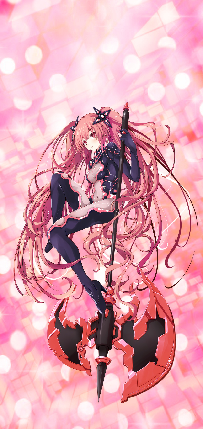 1girl absurdly_long_hair absurdres adapted_costume blush bodysuit commission cosplay date_a_live full_body hair_ornament halberd high_heels highres holding holding_polearm holding_weapon incredibly_absurdres itsuka_kotori iwashi_dorobou_-r- leotard long_hair looking_at_viewer mouth_hold neptune_(series) next_purple next_purple_(cosplay) pixiv_commission polearm red_eyes red_hair see-through see-through_leotard solo star-shaped_pupils star_(symbol) symbol-shaped_pupils very_long_hair weapon