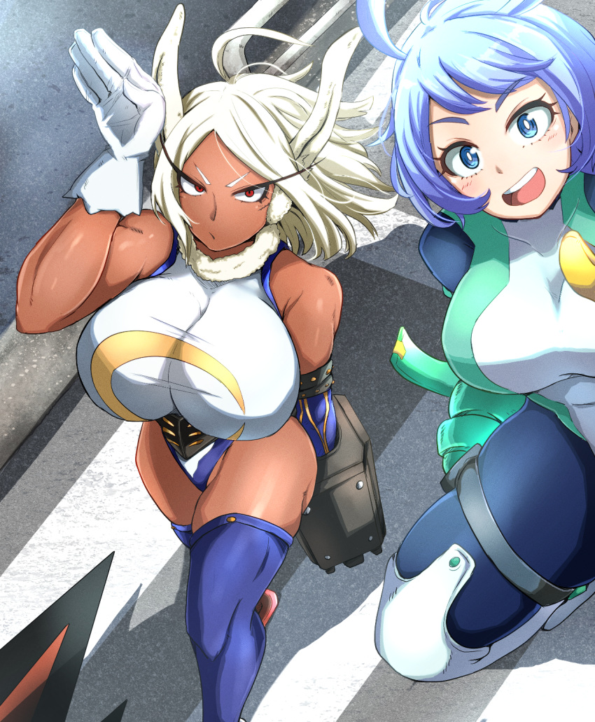 2girls :/ :d animal_ears arm_strap arm_up bangs bare_shoulders blue_bodysuit blue_eyes blue_hair blush bodysuit boku_no_hero_academia breasts bunny_pose crescent_print dark-skinned_female dark_skin detached_sleeves fur_collar gloves green_bodysuit hadou_nejire highleg highleg_leotard highres huge_breasts large_breasts leotard light_blue_hair long_eyelashes long_hair looking_at_viewer mechanical_arms mirko multiple_girls open_mouth parted_bangs prosthesis prosthetic_leg purple_thighhighs rabbit_ears rabbit_girl red_eyes road rubipachiku short_hair single_detached_sleeve single_mechanical_arm sleeveless_turtleneck_leotard smile spoilers street taut_clothes taut_leotard teeth thick_thighs thigh_strap thighhighs thighs toned two-tone_bodysuit upper_teeth_only v-shaped_eyebrows walking white_gloves white_hair white_leotard