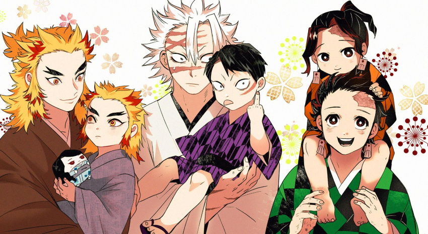 6+boys :d :p age_switch aged_down aged_up barefoot black_hair blonde_hair brown_hair brown_kimono carrying character_doll checkered_clothes child child_carry colored_tips earrings father_and_son forked_eyebrows green_kimono grey_kimono hanafuda_earrings hand_on_another's_head highres holding holding_toy japanese_clothes jewelry kamado_tanjirou kamado_tanjurou kimetsu_no_yaiba kimono korean_commentary long_sleeves looking_at_another looking_at_viewer looking_away male_child male_focus medium_hair middle_finger multicolored_hair multiple_boys orange_kimono purple_kimono red_hair rengoku_kyoujurou rengoku_shinjurou scar scar_on_face scar_on_forehead scar_on_nose shinazugawa_kyougo shinazugawa_sanemi short_hair shoulder_carry smile streaked_hair tongue tongue_out toy umu_umu_0 white_background white_hair white_kimono