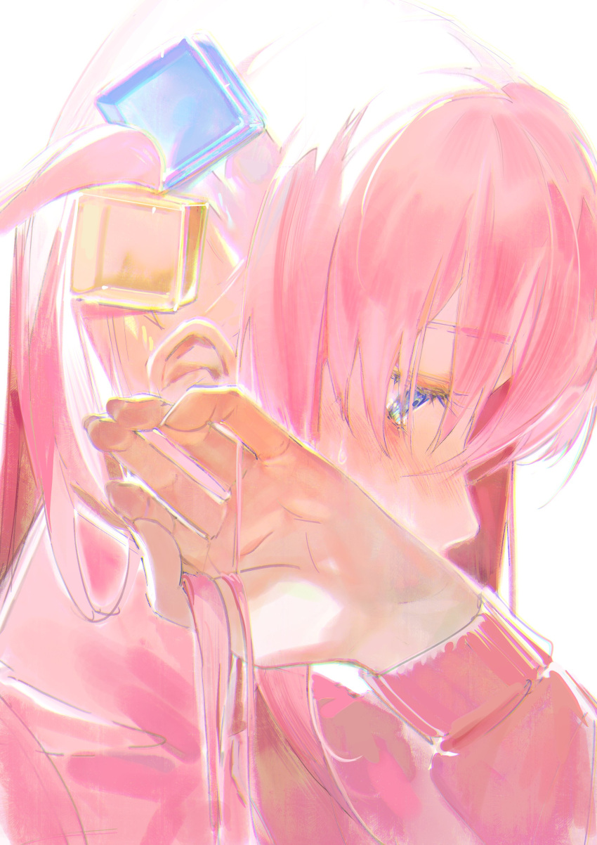 1girl absurdres adjusting_hair blue_eyes blush bocchi_the_rock! close-up cropped_torso cube_hair_ornament from_side gotou_hitori hair_ornament highres jacket kurikabacha long_hair looking_down pink_hair pink_jacket pink_track_suit short_sidetail side_ponytail solo sweatdrop white_background