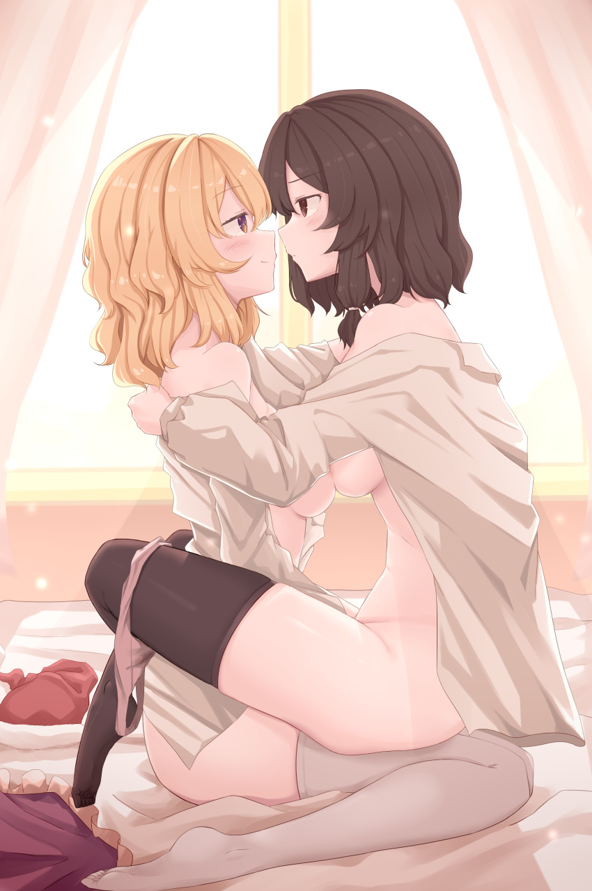 2girls absurdres bangs bed bed_sheet black_thighhighs blonde_hair blush breast_press breasts brown_eyes brown_hair chinese_commentary curtains eye_contact from_side girl_on_top highres looking_at_another maribel_hearn medium_breasts medium_hair multiple_girls off_shoulder on_bed open_clothes open_shirt panties panties_around_one_leg shirt sitting skindentation smile symmetrical_docking t-hou thighhighs touhou underwear usami_renko wariza white_shirt white_thighhighs window yuri