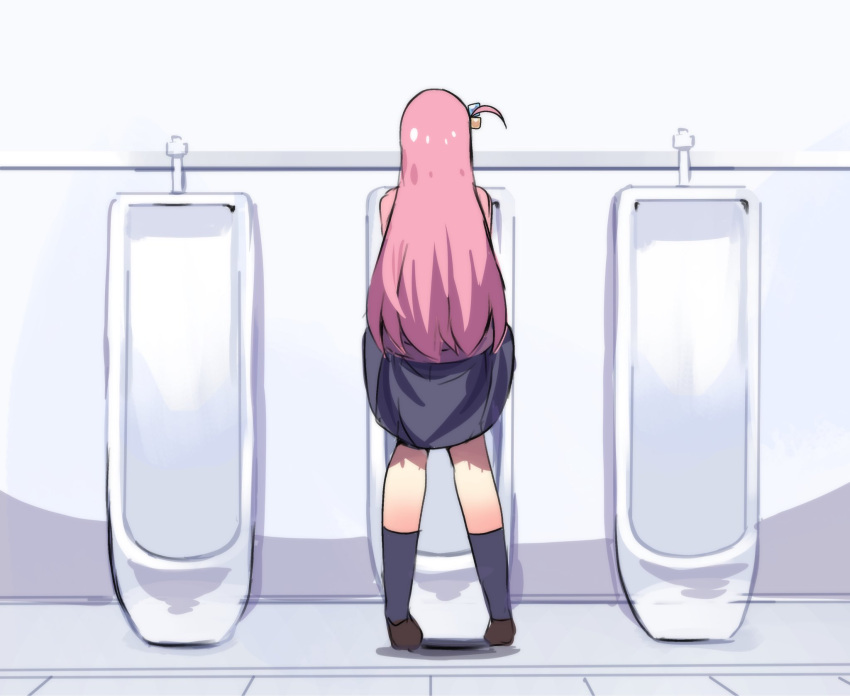 1girl bocchi_the_rock! brown_footwear clothes_lift from_behind gotou_hitori hair_ornament highres hinghoi kneehighs lifted_by_self long_hair pink_hair skirt skirt_lift socks solo standing urinal