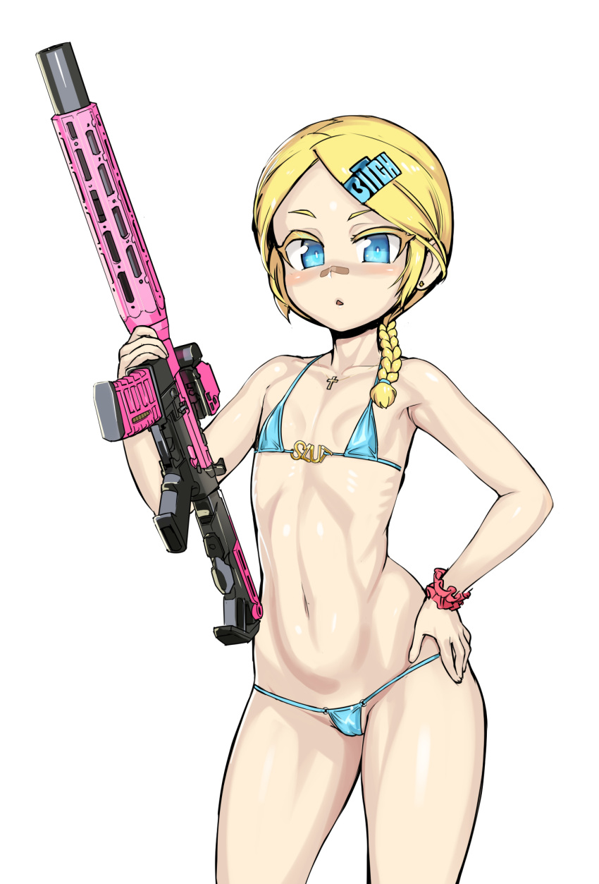 1girl bandaid bandaid_on_face bandaid_on_nose bangs bare_arms bare_shoulders bikini blue_bikini blue_eyes blush braid collarbone colored_eyelashes copyright_request earrings groin gun hair_ornament hair_over_shoulder hand_on_hip highres holding holding_gun holding_weapon jewelry long_hair micro_bikini navel nisetanaka parted_lips simple_background single_braid solo stud_earrings swept_bangs swimsuit thick_eyebrows weapon weapon_request white_background wrist_cuffs