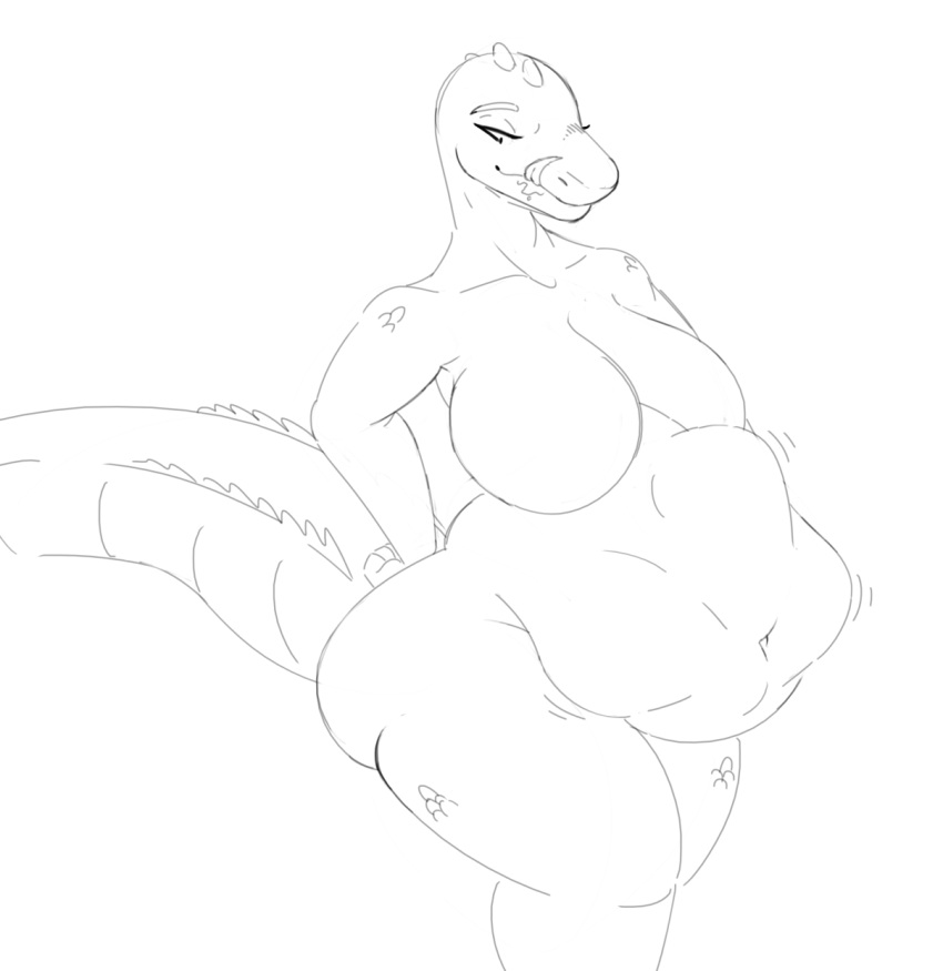 anthro belly big_belly big_breasts breasts dpronin featureless_breasts female female_pred hand_on_hip hi_res licking licking_lips line_art lizard looking_at_belly looking_down motion_lines navel pupils reptile same_size_vore scales scalie sketch slit_pupils struggling thick_thighs tongue tongue_out vore