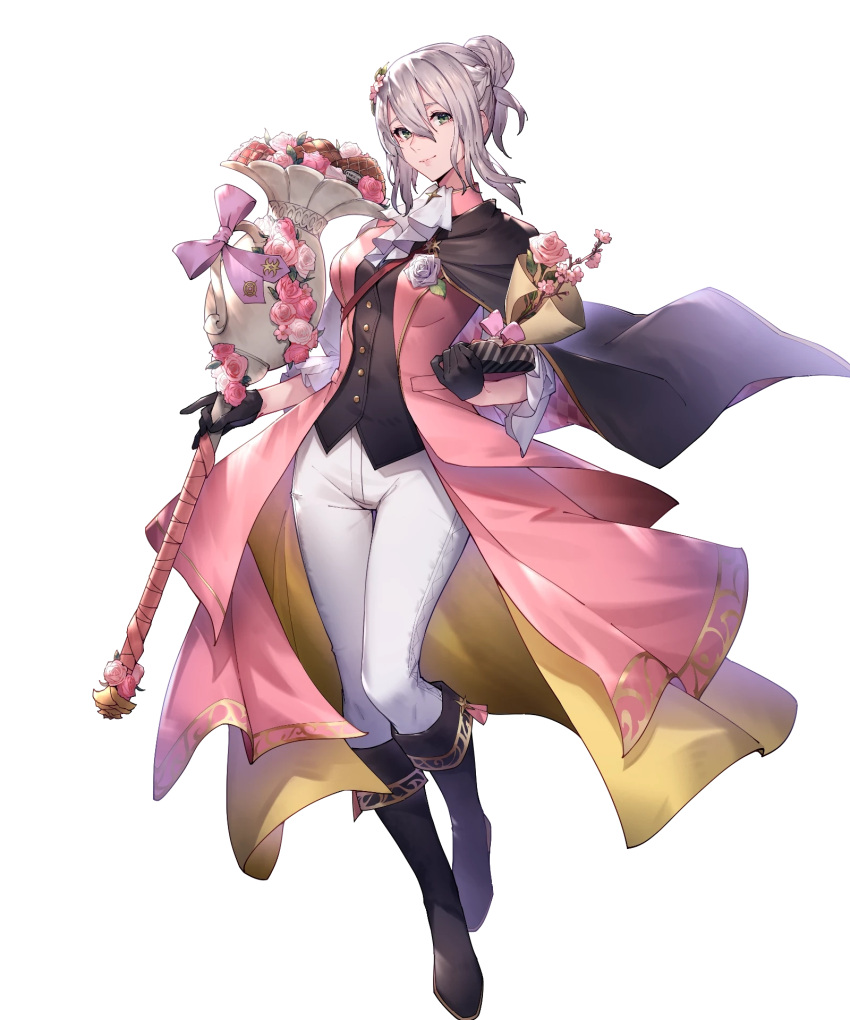 1girl ascot boots buttons capelet coat effie_(fire_emblem) essual_(layer_world) fire_emblem fire_emblem_fates fire_emblem_heroes flower full_body gloves highres knee_boots long_hair long_sleeves non-web_source official_art open_clothes pants pink_coat ponytail solo transparent_background white_hair white_pants