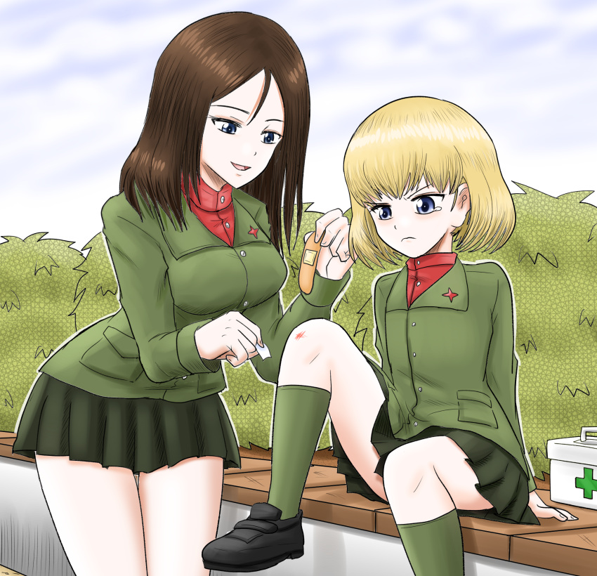 2girls bandaid bangs black_footwear black_hair black_skirt blonde_hair blue_eyes blue_sky bob_cut bush closed_mouth commentary day fang first_aid_kit frown girls_und_panzer green_jacket green_socks half-closed_eyes harukai-i highres holding_bandaid jacket katyusha_(girls_und_panzer) knees_up leaning_forward loafers long_sleeves looking_at_another medium_hair miniskirt multiple_girls nonna_(girls_und_panzer) open_mouth outdoors pleated_skirt pravda_school_uniform red_shirt school_uniform scratches shirt shoes short_hair sitting skirt sky smile socks standing swept_bangs tearing_up turtleneck