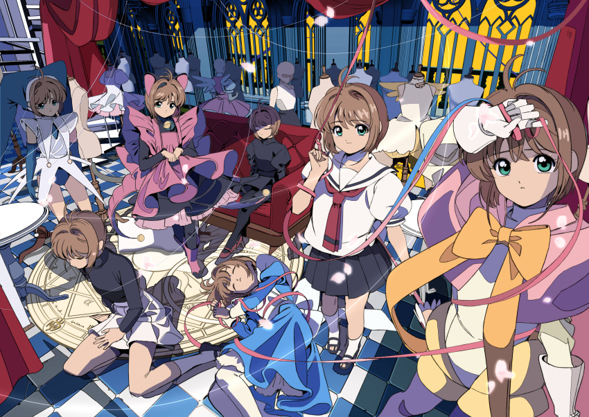 1girl absurdres ahoge alternate_costume animal_ears bell black_dress black_footwear blue_dress boots bow bowtie brown_hair cardcaptor_sakura cat_ears checkered_floor clamp_(circle)_(style) closed_eyes clothes commentary couch curtains dodecagram dress dummy edoya_inuhachi elbow_gloves fake_animal_ears fake_wings full_body gloves green_eyes hair_intakes hat highres indoors jester_cap kinomoto_sakura looking_at_viewer magic_circle mannequin mary_janes medium_hair multiple_persona neck_bell neck_ribbon official_alternate_costume on_couch on_floor pantyhose ribbon rug school_uniform shoes sitting skirt socks table tomoeda_elementary_school_uniform window wings