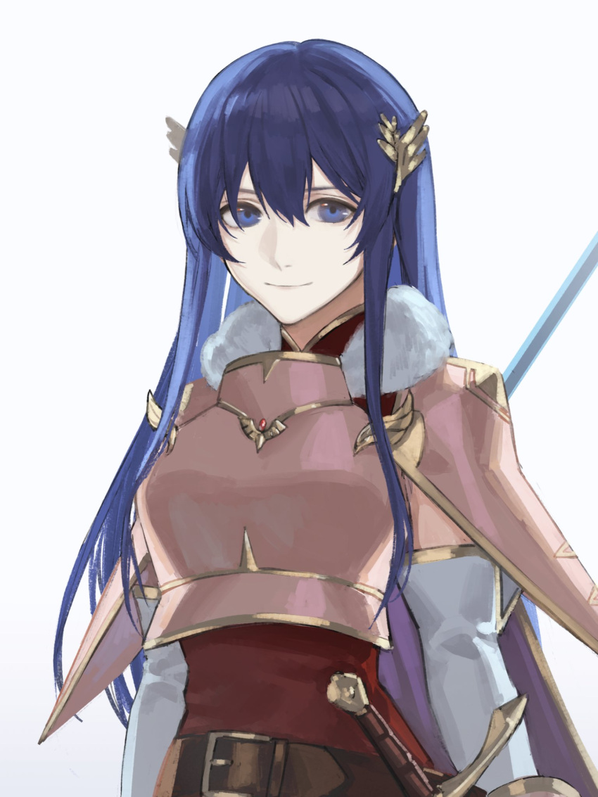 1girl armor belt blue_eyes blue_hair breastplate caeda_(fire_emblem) dress elbow_gloves fire_emblem fire_emblem:_mystery_of_the_emblem fire_emblem:_shadow_dragon gloves highres looking_at_viewer mik_blamike pauldrons pegasus_knight_uniform_(fire_emblem) red_dress short_dress shoulder_armor simple_background smile solo white_background white_gloves