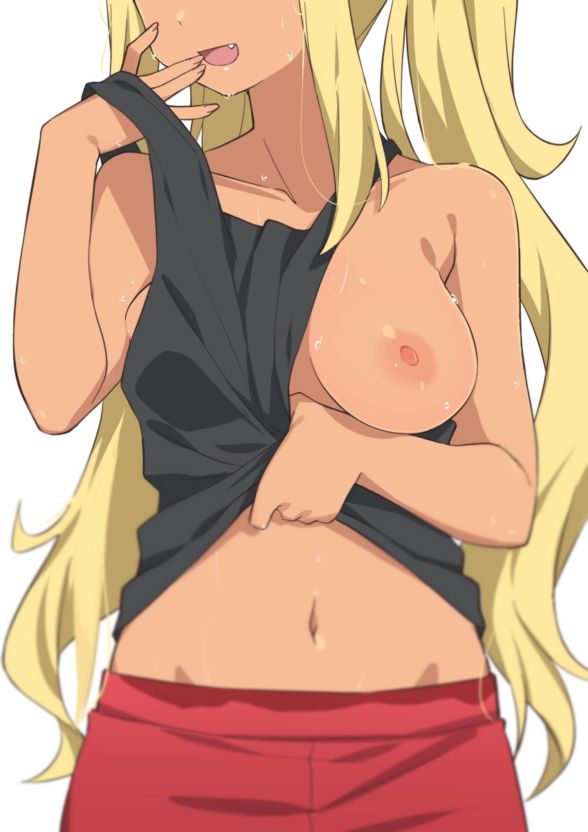 1girl black_tank_top blonde_hair dark-skinned_female dark_skin dumbbell_nan_kilo_moteru? fang head_out_of_frame highres long_hair morisobo navel nipples no_bra one_breast_out open_mouth red_shorts sakura_hibiki shorts simple_background solo tank_top twintails very_long_hair white_background