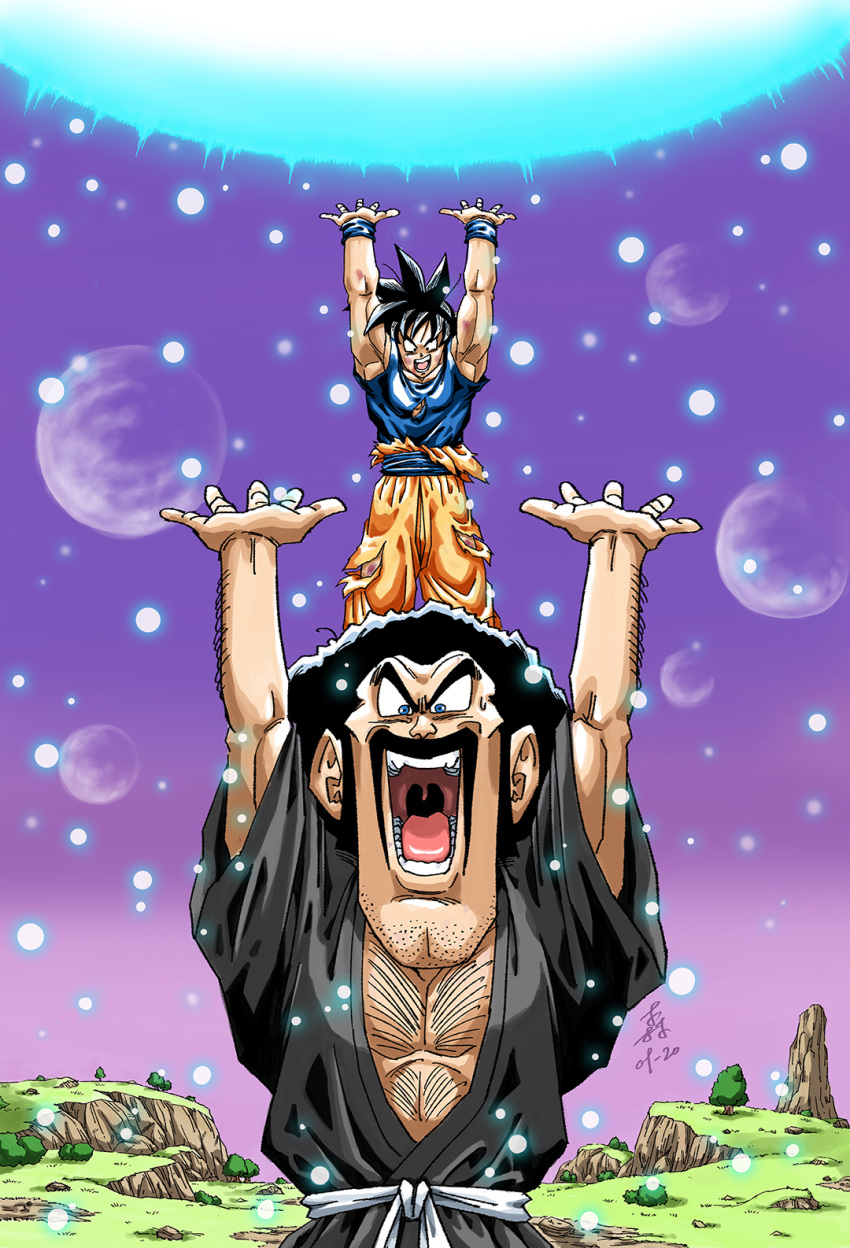 2boys afro black_eyes black_hair blue_eyes chest_hair dated dragon_ball dragon_ball_z energy_ball facial_hair forest_1988 genki_dama grass highres male_focus mr._satan multiple_boys muscular muscular_male mustache planet signature son_goku torn_clothes tree