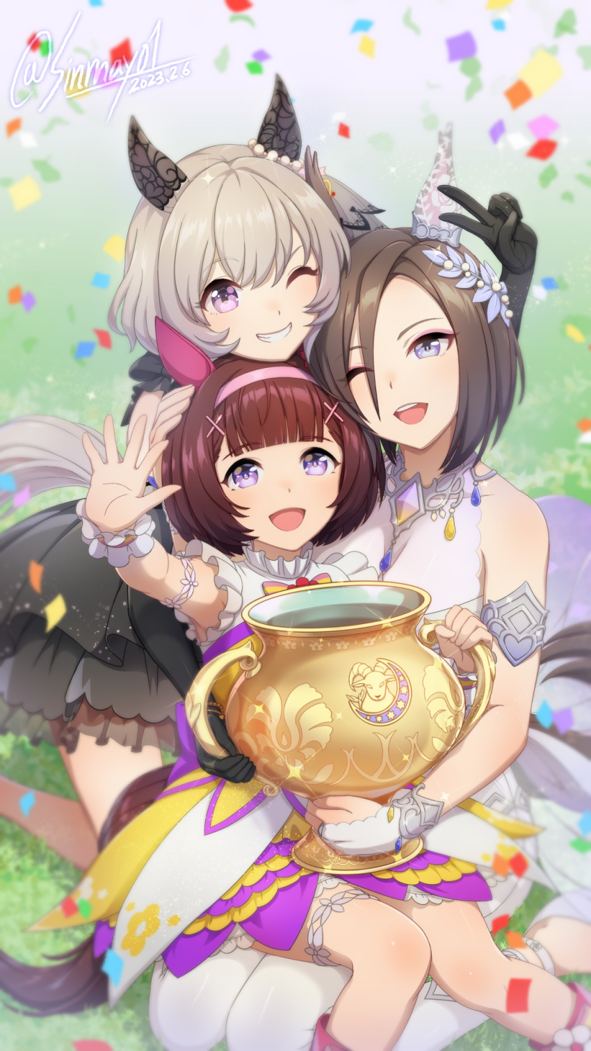 3girls :d ;d air_groove_(quercus_civilis)_(umamusume) air_groove_(umamusume) animal_ears bangs bare_shoulders black_dress black_gloves blunt_bangs bob_cut brown_hair confetti curren_chan_(sakutsuki_ma_cherie)_(umamusume) curren_chan_(umamusume) dated dress ear_covers elbow_gloves fingerless_gloves gloves hair_ornament hairband highres horse_ears horse_girl looking_at_viewer multiple_girls nishino_flower_(umamusume) official_alternate_costume one_eye_closed pink_hairband purple_eyes shinmai_(kyata) short_hair smile twitter_username umamusume v wedding_dress white_dress x_hair_ornament