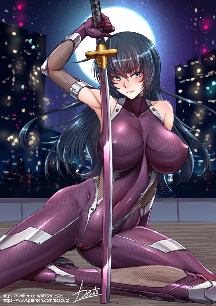 1girl adsouto armpits black_hair blue_eyes bodysuit breasts cameltoe collarbone covered_collarbone covered_navel covered_nipples full_moon highres igawa_asagi impossible_bodysuit impossible_clothes katana large_breasts long_hair moon purple_bodysuit signature solo sword taimanin_(series) taimanin_asagi taimanin_suit weapon