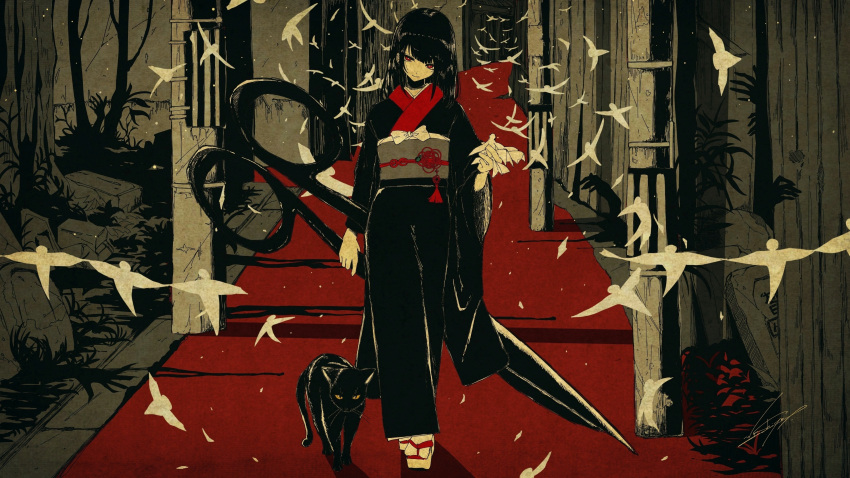 1girl absurdres arm_at_side bangs black_cat black_kimono blunt_bangs bow bright_pupils cat closed_mouth crossed_ankles flower_knot full_body hand_up head_tilt highres holding holding_scissors japanese_clothes kimono long_hair long_sleeves looking_at_viewer original oversized_object red_eyes scissors shadow shadow_hands signature smile solo standing straight_hair tassel tree walking washiya0 white_bow wide_sleeves