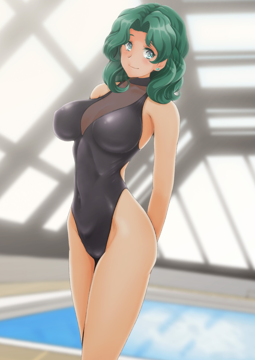 1girl absurdres aqua_eyes arms_behind_back bangs bishoujo_senshi_sailor_moon black_one-piece_swimsuit breasts casual_one-piece_swimsuit commentary_request covered_navel green_hair highres indoors kaiou_michiru large_breasts medium_breasts nanashi_noiji one-piece_swimsuit parted_bangs pool rei_no_pool solo swimsuit turtleneck wavy_hair