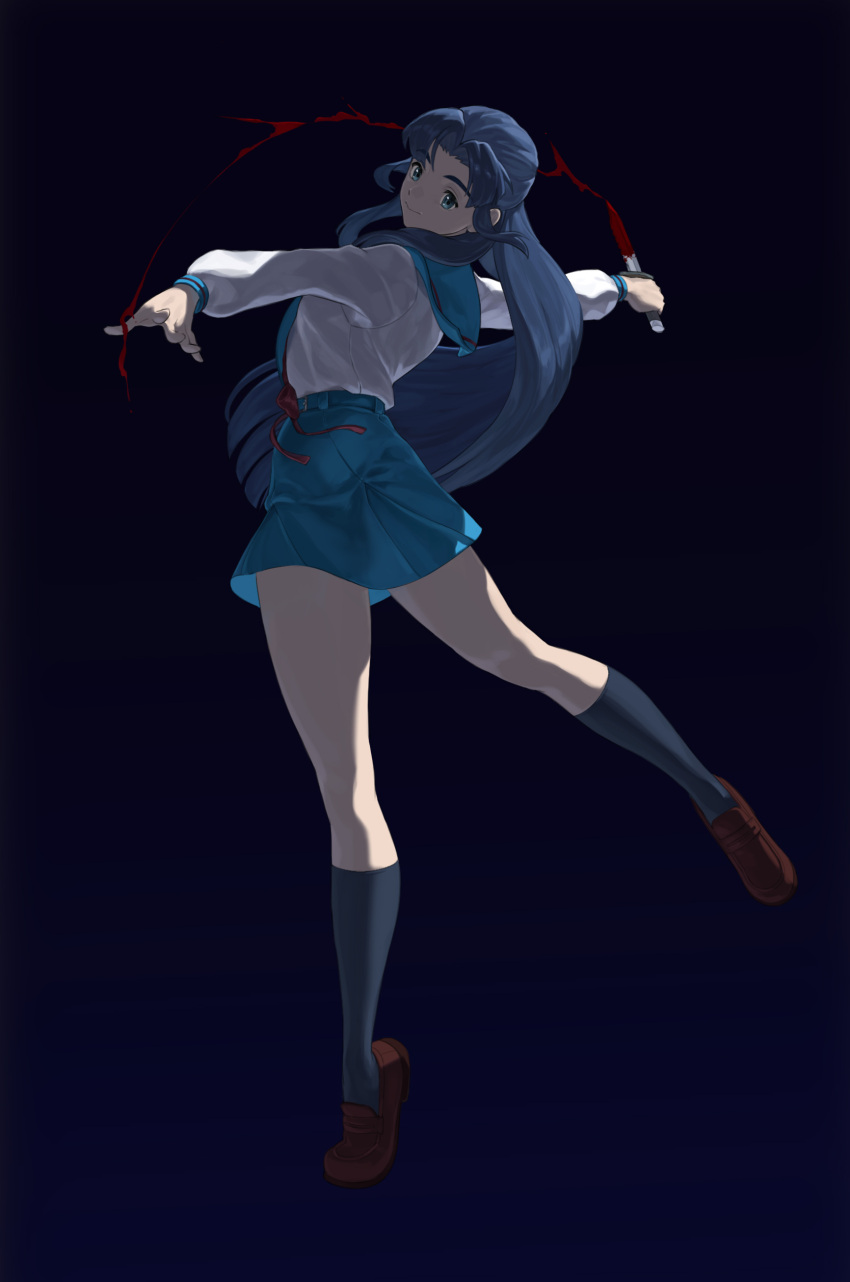 1girl absurdres asakura_ryouko bangs black_background black_socks blood blood_on_knife blue_background blue_eyes blue_hair blue_neckerchief blue_skirt brown_footwear closed_mouth commentary dancing dark_background from_behind full_body gradient_background hands_up highres holding holding_knife kaiseirun kita_high_school_uniform kneehighs knife light_smile loafers long_hair long_sleeves looking_to_the_side miniskirt neckerchief outstretched_arms parted_bangs pirouette puffy_long_sleeves puffy_sleeves school_uniform serafuku shirt shirt_tucked_in shoes simple_background skirt socks solo standing standing_on_one_leg suzumiya_haruhi_no_shoushitsu suzumiya_haruhi_no_yuuutsu thighs tiptoes very_long_hair weapon white_shirt