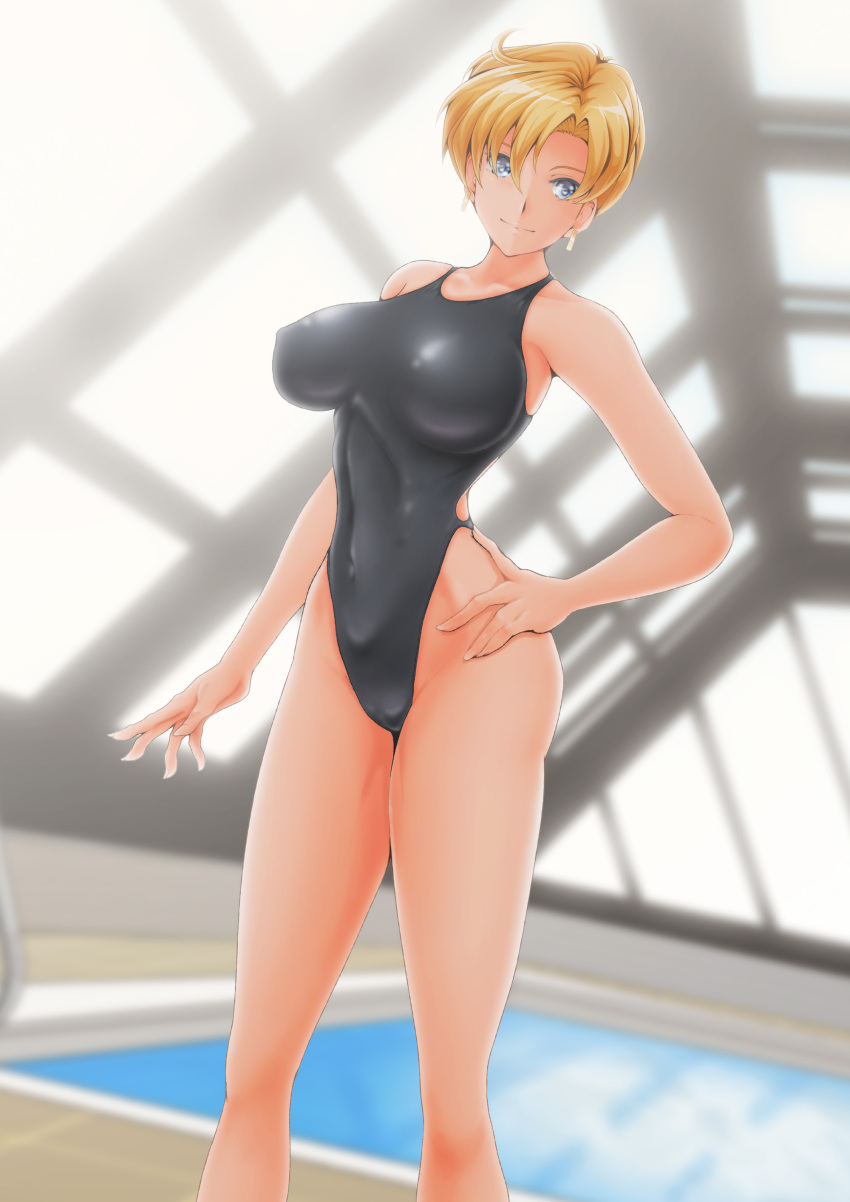 1girl absurdres bangs bishoujo_senshi_sailor_moon black_one-piece_swimsuit blonde_hair blue_eyes breasts competition_swimsuit covered_navel hand_on_hip highleg highleg_swimsuit highres indoors large_breasts looking_at_viewer nanashi_noiji one-piece_swimsuit parted_bangs pool rei_no_pool short_hair solo swimsuit ten'ou_haruka very_short_hair