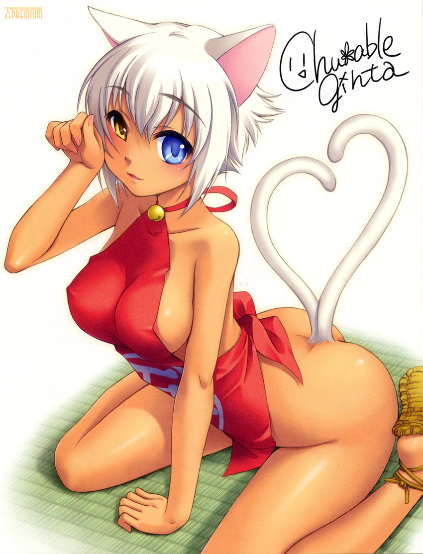 absurdres animal_ears ass bell blue_eyes blush bottomless breasts cat_ears cat_tail covered_nipples dark_skin dudou ginta heart heart_tail heterochromia highres koibumi_romantica large_breasts multiple_tails nail_polish nekomata no_panties open_mouth paw_pose pink_nails sandals scan short_hair sideboob signature sitting smile solo tail tatami wagahai wariza white_hair yellow_eyes