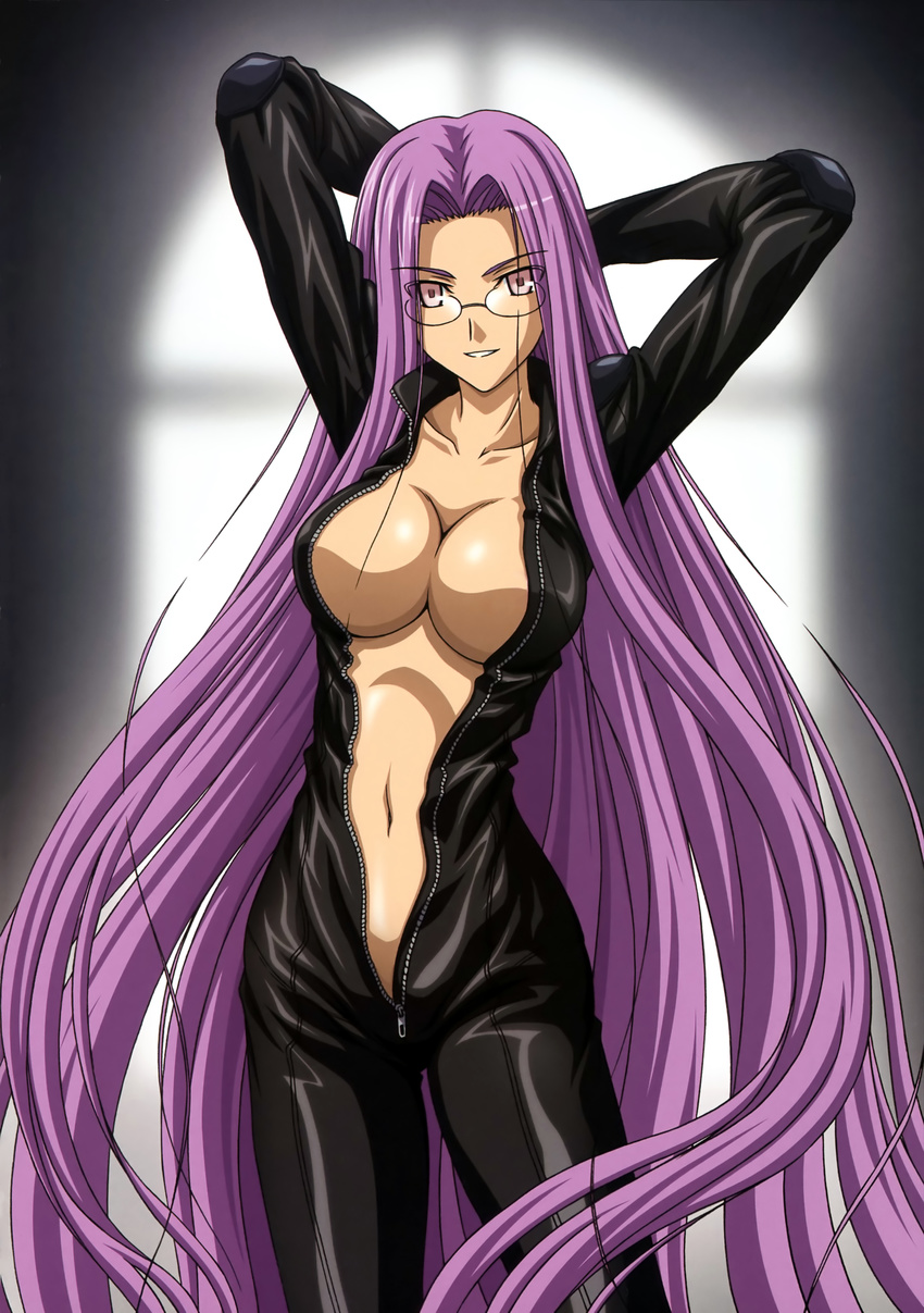 absurdres arms_behind_head arms_up biker_clothes bikesuit bodysuit breasts center_opening cleavage collarbone fate/stay_night fate_(series) full-length_zipper glasses highres ishihara_megumi large_breasts long_hair looking_at_viewer navel no_bra open_clothes rider smile solo unzipped very_long_hair zipper