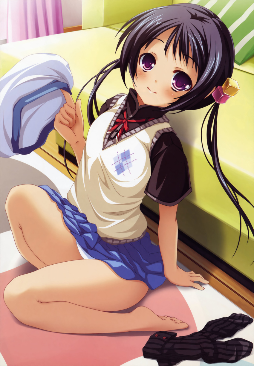 absurdres acchi_muite_koi arm_support bangs barefoot beret black_hair black_legwear black_shirt blue_skirt blush breasts buttons closed_mouth clothes_removed couch curtains dengeki_hime emblem error eyebrows_visible_through_hair from_side full_body green_pillow hair_cubes hair_ornament hand_up hat hat_removed headwear_removed highres holding holding_hat index_finger_raised kneehighs kneehighs_pull light_smile long_hair looking_at_viewer miniskirt narumi_runa_(acchi_muite_koi) neck_ribbon official_art on_floor panties pantyshot pantyshot_(sitting) parted_bangs pillow plaid pleated_skirt purple_eyes red_ribbon ribbed_legwear ribbon rug scan school_uniform shadow shirt short_sleeves sitting skirt skirt_lift small_breasts smile solo spread_legs straight_hair striped striped_pillow sweater_vest thighs turtleneck twintails underwear vest wariza white_hat white_panties white_vest wooden_floor yuunagi_seshina