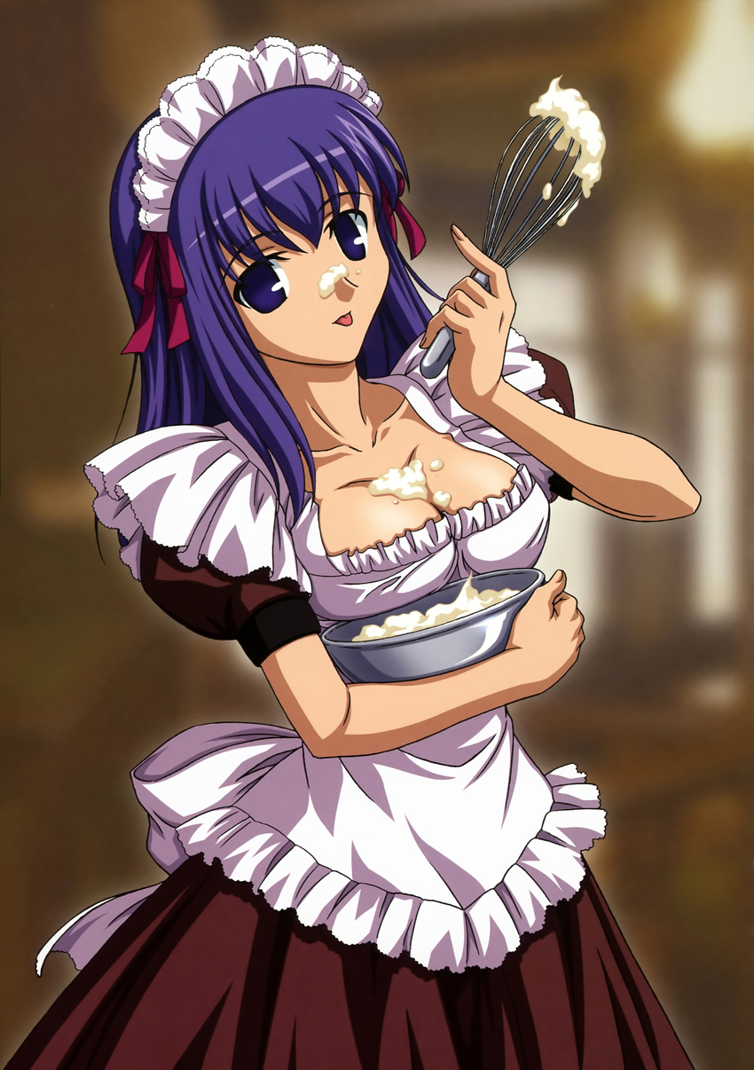 :p absurdres alternate_costume apron blue_eyes blue_hair bowl breasts cleavage cream enmaided fate/stay_night fate_(series) hair_ribbon headdress highres ishihara_megumi large_breasts long_hair maid matou_sakura non-web_source ribbon solo tongue tongue_out whisk