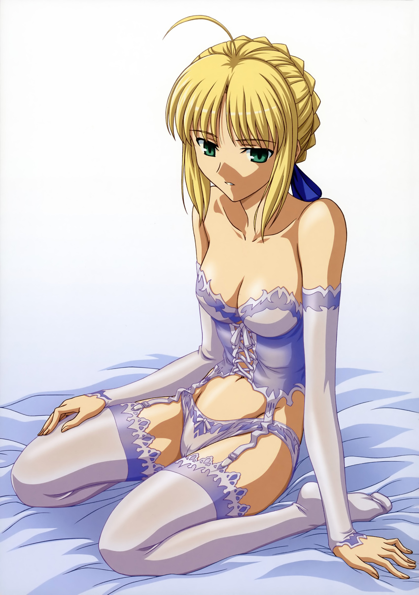absurdres ahoge artoria_pendragon_(all) bare_shoulders bed blonde_hair blue_corset blue_ribbon bow bow_panties breasts cameltoe cleavage collarbone corset detached_sleeves fate/stay_night fate_(series) garter_straps garters green_eyes hair_bun hair_ribbon highres ishihara_megumi legs lingerie medium_breasts navel no_shoes panties parted_lips print_panties ribbon saber short_hair sitting solo thighhighs underwear wariza white_bow white_legwear white_panties