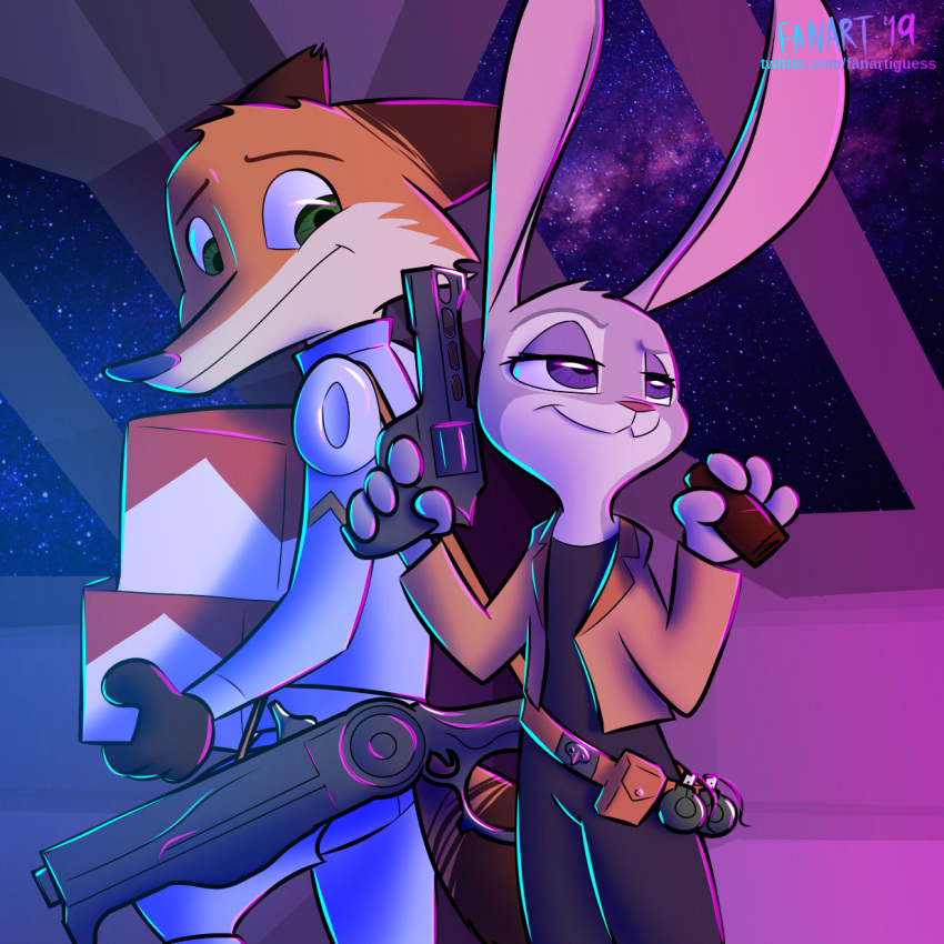 2019 anthro belt box canid canine cheek_tuft cigar clothed clothing dipstick_tail disney explosives fanartiguess female fox green_eyes grenade gun half-closed_eyes handgun head_tuft holding_object holding_weapon inside judy_hopps lagomorph male mammal multicolored_tail nick_wilde open_jacket purple_eyes rabbit ranged_weapon revolver rifle rifle_sling signature sky space standing star starry_sky tuft url utility_belt weapon window zootopia