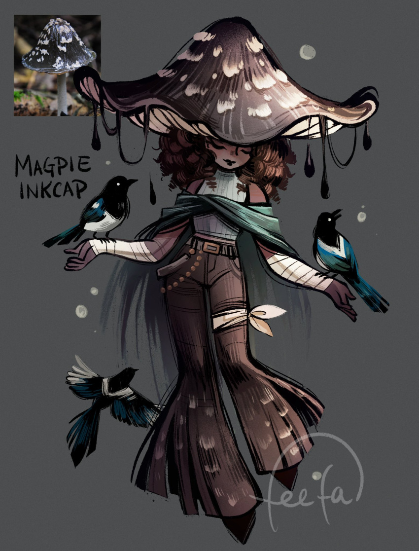 1girl bandaged_arm bandages bare_shoulders belt belt_buckle bird bird_on_hand brown_hair brown_pants buckle character_name cloak closed_eyes commentary curly_hair english_commentary feefal full_body gradient_hat highres holding ink magpie mushroom mushroom_girl mushroom_hat original pants personification signature simple_background sleeveless sleeveless_turtleneck smile turtleneck