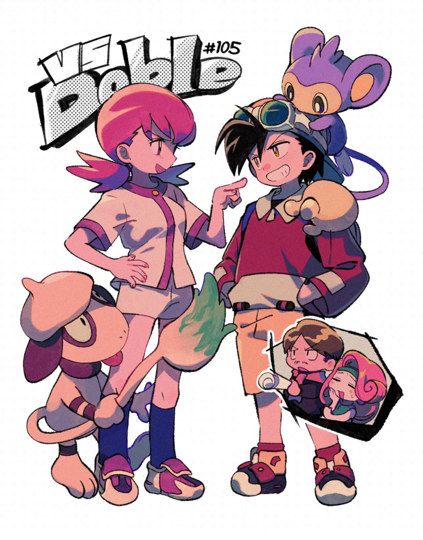 2boys 2girls aipom backwards_hat baseball_cap black_hair black_socks brown_hair buttons character_request cut-in ethan_(pokemon) facial_hair fingernails full_body goggles goggles_on_head grin hand_on_hip hands_in_pockets hat highres jacket long_sleeves multiple_boys multiple_girls mustache ok_ko19 open_mouth pink_hair pointing pointing_at_another pokemon pokemon_(creature) pokemon_(game) pokemon_gsc red_hair red_socks rolled_up_paper shoes short_shorts short_sleeves shorts smeargle smile sneakers socks standing tail teeth twintails white_jacket white_shorts whitney_(pokemon) yellow_shorts