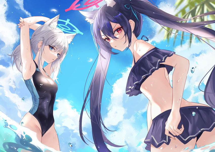 2girls absurdres animal_ears armpits arms_behind_head bikini bikini_skirt black_bikini black_hair blue_archive blue_eyes blue_sky closed_mouth cloud commentary expressionless frilled_bikini frills frown halo highres looking_at_viewer low_ponytail multiple_girls off-shoulder_bikini off_shoulder official_alternate_costume one-piece_swimsuit outdoors parted_lips red_eyes serika_(blue_archive) serika_(swimsuit)_(blue_archive) shiroko_(blue_archive) shiroko_(swimsuit)_(blue_archive) sky swimsuit symbol-only_commentary twintails v-shaped_eyebrows vardan water white_hair