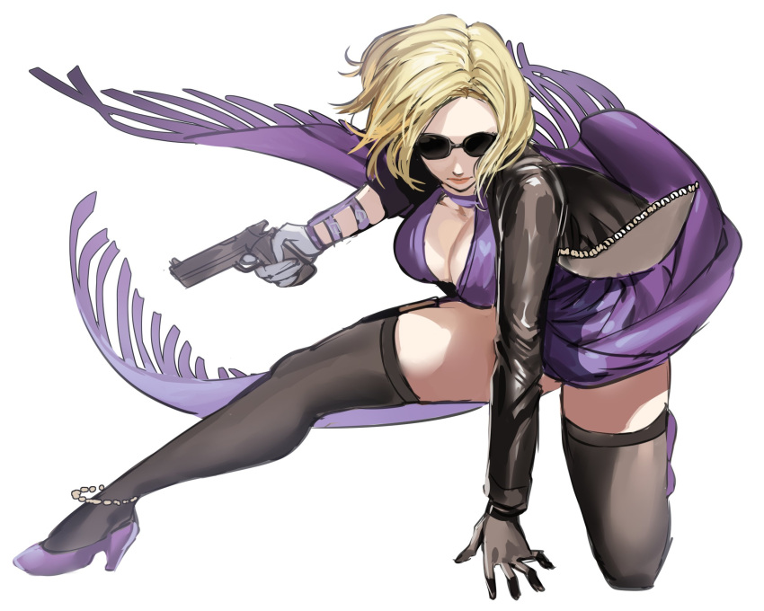 1girl asymmetrical_gloves black_gloves black_jacket black_thighhighs breasts cleavage cleavage_cutout closed_mouth clothing_cutout dress full_body gloves gun handgun hanny_(uirusu_chan) high_heels highres holding holding_gun holding_weapon jacket mismatched_gloves nina_williams open_clothes open_jacket purple_dress purple_footwear short_hair simple_background solo sunglasses tekken tekken_8 thighhighs weapon white_background white_gloves