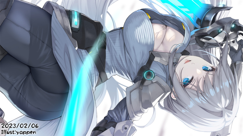 1girl armor ass blue_eyes bodysuit breast_tattoo breasts cleavage cleavage_cutout clothing_cutout dated dual_wielding ethel_(xenoblade) grey_hair hair_intakes holding large_breasts looking_at_viewer open_mouth pauldrons shoulder_armor tattoo white_background xenoblade_chronicles_(series) xenoblade_chronicles_3 yappen