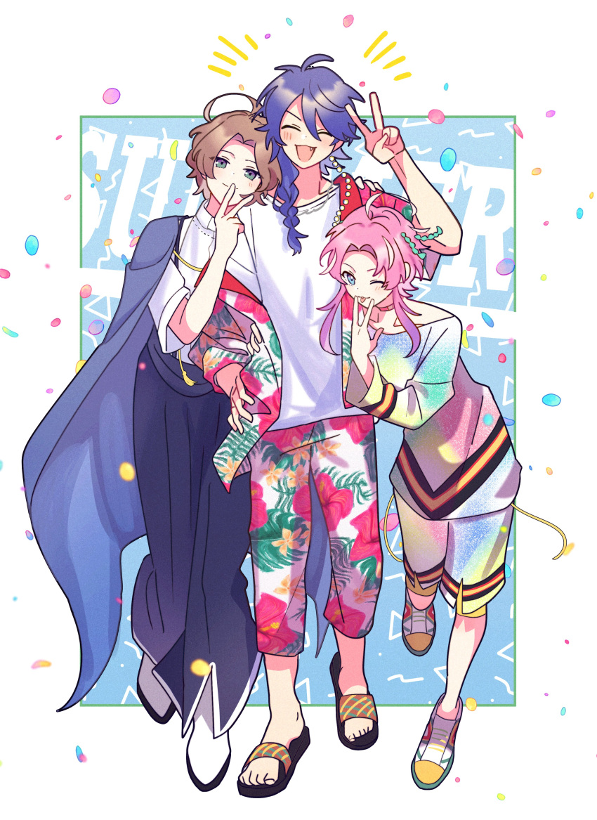 3boys ;p absurdres ahoge alternate_costume amemura_ramuda arisugawa_dice beads blue_cape blue_eyes braid cape choker closed_eyes colored_tips fling_posse floral_print green_eyes hair_ornament hakuuyori hand_on_another's_shoulder hand_on_another's_waist hand_on_hip highres hypnosis_mic looking_at_viewer multicolored_clothes multicolored_hair multiple_boys official_alternate_costume official_alternate_hairstyle one_eye_closed open_mouth pink_choker sandals shirt shoes short_hair_with_long_locks smile sneakers tongue tongue_out v white_footwear white_shirt yumeno_gentarou