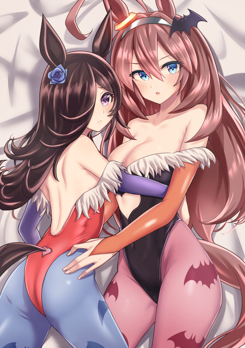 2girls absurdres ahoge animal_ears animal_print ass backless_leotard bangs bare_shoulders bat_hair_ornament bat_print black_hair black_leotard blue_eyes blue_flower blue_pantyhose blue_rose blush breasts bridal_gauntlets brown_hair cleavage closed_mouth clothing_cutout commentary_request cosplay ear_ornament flower from_behind frown fur-trimmed_leotard gloves hair_flower hair_ornament hair_over_one_eye heart_cutout highres horse_ears horse_girl horse_tail hug leotard lilith_aensland lilith_aensland_(cosplay) long_hair looking_at_viewer looking_back medium_breasts mihono_bourbon_(umamusume) morrigan_aensland morrigan_aensland_(cosplay) multiple_girls off-shoulder_leotard orange_gloves pantyhose partial_commentary pink_pantyhose print_pantyhose purple_eyes purple_gloves red_leotard rice_shower_(umamusume) rose standing swept_bangs tail teaclaw umamusume vampire_(game)