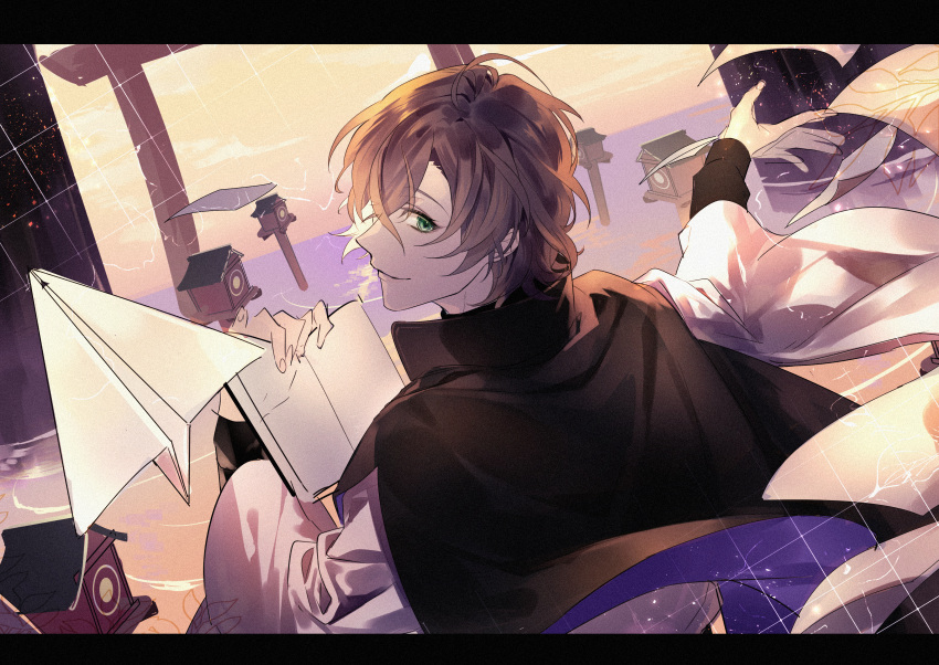 absurdres anno_meiji bangs black_cape book brown_hair cape gradient_sky green_eyes hanging_lantern highres holding holding_book hypnosis_mic japanese_clothes long_sleeves looking_at_viewer looking_back paper_airplane papers ripples sky smile standing standing_on_liquid yumeno_gentarou