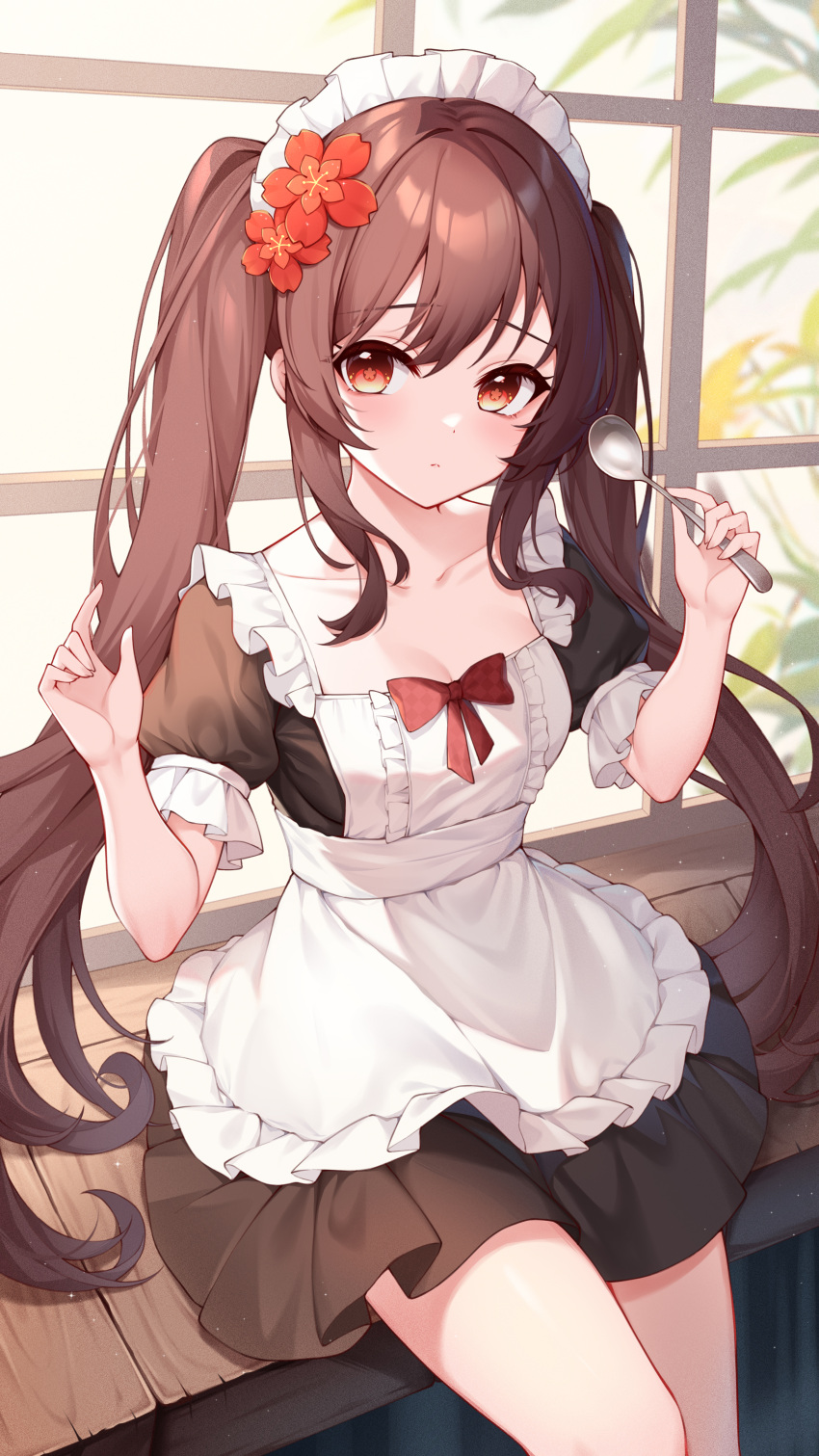 1girl absurdres alternate_costume apron bangs brown_hair closed_mouth collarbone flower genshin_impact hair_flower hair_ornament hands_up highres holding holding_spoon hu_tao_(genshin_impact) long_hair looking_at_viewer maid_headdress poinia red_eyes short_sleeves solo spoon thighs twintails white_apron white_headwear