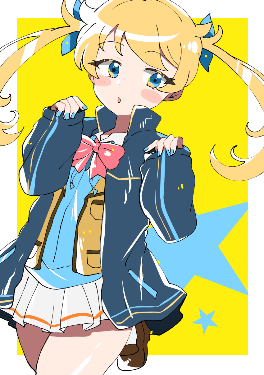 1girl absurdres blonde_hair blue_eyes blue_jacket blue_nails blush_stickers border bow brown_footwear eyelashes highres jacket kiratto_pri_chan moegi_emo nail_polish parted_lips pleated_skirt pretty_(series) red_bow shiraie skirt sleeves_past_wrists socks solo standing standing_on_one_leg star_(symbol) twintails white_border white_skirt white_socks