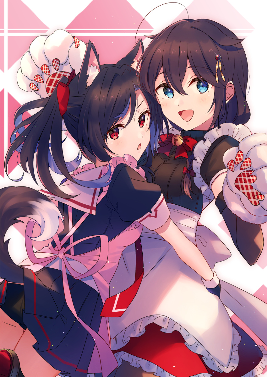 2girls absurdres ahoge animal_ear_fluff animal_ears animal_hands apron azur_lane bangs bell black_gloves black_hair black_serafuku black_skirt blue_eyes blush braid brown_hair commission cosplay costume_switch crossover gloves hair_between_eyes hair_flaps highres jingle_bell kantai_collection long_hair multiple_girls name_connection open_mouth paw_gloves pink_apron pixiv_commission pleated_skirt red_eyes school_uniform serafuku shigure_(azur_lane) shigure_(azur_lane)_(cosplay) shigure_(kancolle) shigure_(kancolle)_(cosplay) shigure_kai_ni_(kancolle) short_sleeves single_braid skirt smile tail white_apron wolf_ears wolf_tail yukichi_(eikichi)