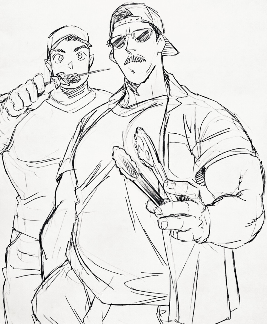 2boys backwards_hat bara baseball_cap billy_russell_(dickfish) casual contemporary cooking couple dickfish_(fishismdick) eating facial_hair feet_out_of_frame food grilling hat highres holding holding_skewer john_rottweil_(dickfish) large_pectorals male_focus mature_male meat multiple_boys muscular muscular_male mustache open_clothes open_shirt original pectorals scan shirt short_hair sideburns sketch skewer standing sunglasses t-shirt thick_eyebrows traditional_media yaoi