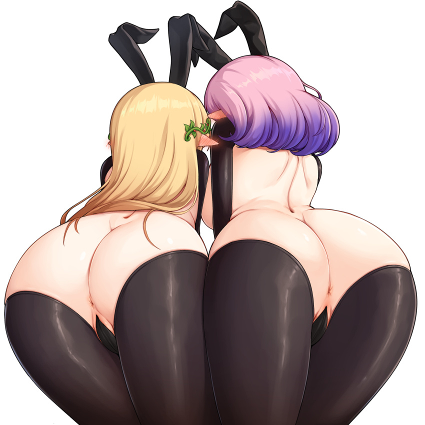 2girls animal_ears anus ass ass-to-ass blonde_hair blush breasts ear_blush facing_away fake_animal_ears from_behind gradient_hair highres large_breasts leaning_forward long_hair lucid_(maplestory) maebari maplestory mastgg medium_hair meme_attire mercedes_(maplestory) multicolored_hair multiple_girls pink_hair pointy_ears purple_hair rabbit_ears reverse_bunnysuit reverse_outfit simple_background white_background