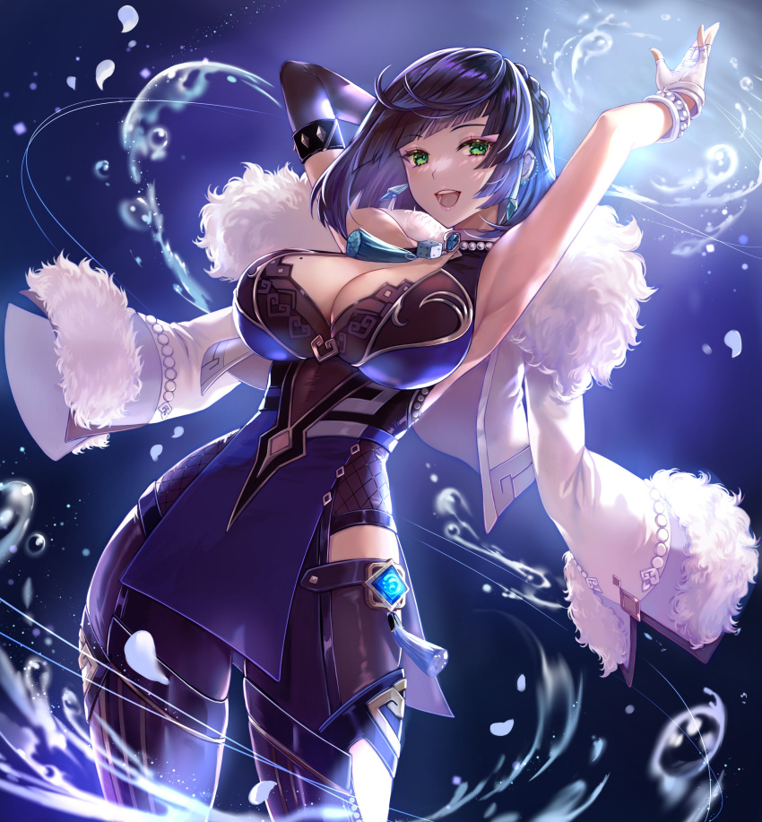 1girl :d absurdres apt armpits asymmetrical_gloves bangs bare_shoulders bead_choker blue_dress blue_hair bob_cut breasts cowboy_shot diagonal_bangs dice dress elbow_gloves feather-trimmed_jacket feather_collar fur-trimmed_jacket fur_trim genshin_impact gloves green_eyes highres jacket jacket_on_shoulders large_breasts looking_at_viewer mismatched_gloves mole mole_on_breast neck_tassel pelvic_curtain short_hair single_elbow_glove smile solo tassel_choker vision_(genshin_impact) white_jacket yelan_(genshin_impact)