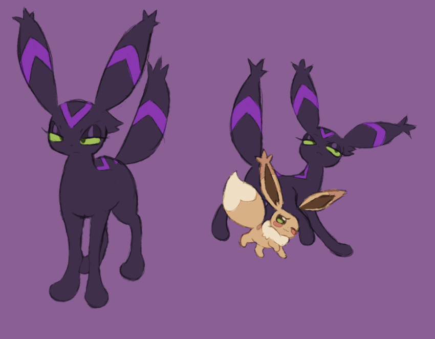 ambiguous_gender annoyed black_body black_fur brown_body brown_fur duo eevee eeveelution feral fur generation_1_pokemon generation_2_pokemon hi_res labbit1337 markings narrowed_eyes nintendo pokemon pokemon_(species) purple_background purple_markings simple_background umbreon walking