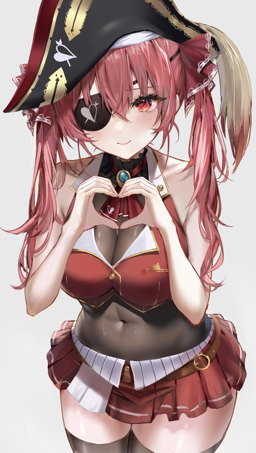 1girl absurdres arrow_through_heart ascot bangs belt bicorne black_choker black_headwear black_thighhighs blush breasts brooch brown_belt buttons choker cleavage closed_mouth covered_navel cropped_jacket eyepatch frilled_choker frilled_shirt_collar frills hair_ribbon hat heart heart_hands highres hololive houshou_marine jacket jewelry lace-trimmed_legwear lace_trim large_breasts leather_belt leotard leotard_under_clothes long_hair looking_at_viewer miniskirt pleated_skirt raiya_atelier red_ascot red_eyes red_hair red_jacket red_ribbon red_skirt ribbon see-through see-through_leotard skirt sleeveless sleeveless_jacket smile solo thighhighs twintails virtual_youtuber white_background