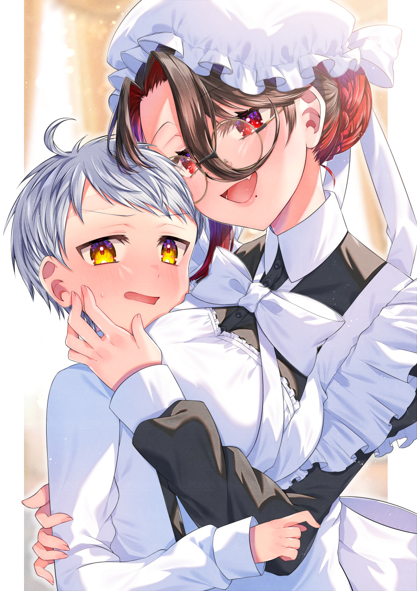1boy 1girl absurdres age_difference akirannu blush bow bowtie brown_hair fang glasses hand_on_another's_cheek hand_on_another's_face highres hug light_blush long_hair looking_at_viewer maid mole mole_under_mouth multicolored_hair onee-shota open_mouth original red_eyes red_hair shirt short_hair skin_fang two-tone_hair upper_body white_bow white_bowtie white_hair white_shirt yellow_eyes